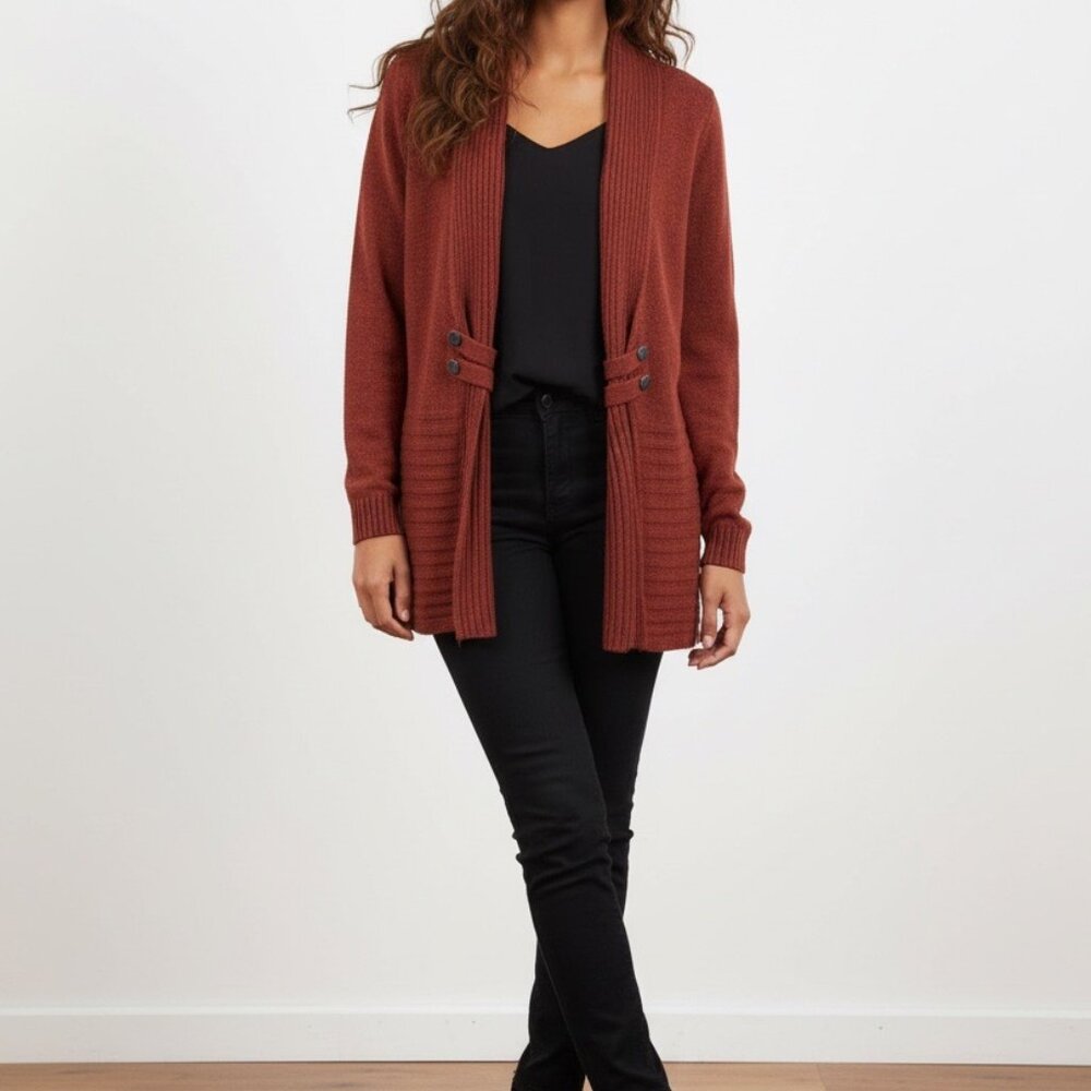 Fortune Ivy Rust Open Front Ribbed Shawl Collar Cardigan Sweater - Medium NWOT